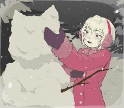  1girl black_lips coat colored_skin earmuffs fur-trimmed_coat fur_trim gloviiz highres homestuck mittens pink_coat purple_mittens rose_lalonde short_hair signature snow snow_cat snow_on_tree snowing solo stick tree violet_eyes white_hair white_skin winter_clothes winter_coat 