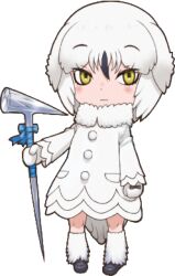  1girl blue_bow bow closed_mouth dress holding kemono_friends lowres mittens official_art owl_girl snowy_owl_(kemono_friends) solo third-party_source transparent_background white_dress white_hair white_mittens yellow_eyes yoshizaki_mine 