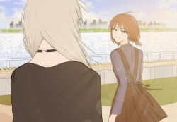  2girls black_choker black_overalls black_shirt blue_eyes blue_shirt blush brown_hair choker commentary day girls_band_cry grcr_pometa1118 grey_hair highres iseri_nina kawaragi_momoka long_hair looking_at_another looking_at_viewer low_twintails multiple_girls open_mouth outdoors overalls shirt short_hair short_twintails twintails 
