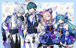  2boys 2girls :o ;o absurdres arknights arknights:_endfield bare_shoulders bell_sleeves black_gauntlets black_gloves black_thighhighs blood blood_halo blowing_kiss blue_dress blue_gloves blue_hair blush border bow bow_hairband breasts brown_hair buttons camille_(arknights) chain chain_bracelet char_(arknights) chinese_commentary clothing_cutout coat coat_on_shoulders commentary_request covered_horns cowboy_shot curled_horns demon_girl demon_horns detached_sleeves double-breasted dress earrings frilled_dress frills gloves green_eyes green_hair grey_hair grid_background hair_between_eyes hair_bow hair_ornament hair_over_shoulder hairband half_gloves halo hand_up headdress headset heart heart_earrings heart_o-ring highres holding holding_microphone horns idol idol_clothes jewelry last_rite_(arknights) leaning_forward liino_(arknights) liquid_halo long_hair long_sidelocks looking_at_viewer medium_breasts microphone multicolored_hair multicolored_horns multiple_boys multiple_girls neck_tattoo o-ring o-ring_thigh_strap one_eye_closed outside_border pants partially_fingerless_gloves pointy_ears ponytail red_eyes red_streaks shirt short_hair shrug_(clothing) sidelocks sleeve_cuffs slouching spiked_halo star-shaped_pupils star_(symbol) star_hair_ornament streaked_hair symbol-shaped_pupils tailcoat tattoo thigh-highs thigh_cutout thigh_strap too_many_hair_ornaments tupikeee two-tone_horns two_side_up vampire violet_eyes white_pants white_shirt white_shrug 