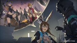  1other 3girls ambiguous_gender amiya_(arknights) amiya_(medic)_(arknights) animal_ears animal_hood arknights ascot beret black_coat black_shorts blue_eyes breasts brown_coat brown_hair campfire cat_ears cat_girl coat commentary_request cooking_pot copyright_notice doctor_(arknights) ears_through_headwear forest hair_between_eyes hat highres hood hood_up hooded_coat jewelry knee_pads lantern looking_afar looking_at_another medium_breasts midriff mousse_(arknights) mousse_(campfire_cooking_smoke)_(arknights) multiple_girls multiple_rings nature navel official_art paper_stack photo_(object) provence_(arknights) provence_(wasteland_walker)_(arknights) purple_hair rabbit_ears rabbit_girl red_scarf red_socks rhodes_island_uniform ring ring_on_every_finger scarf second-party_source shirt short_shorts shorts sitting socks somehira_katsu spoken_scene tail tent torn_clothes torn_coat torn_shirt tree uneven_footing white_ascot wolf_ears wolf_girl wolf_tail yellow_eyes 
