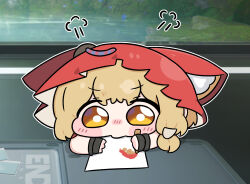  1girl animal_ears arknights arknights:_endfield beleullin black_gloves chibi chibi_only commentary_request fingerless_gloves gloves highres holding hood korean_commentary painting_(action) rossi_(arknights) solo wolf_ears wolf_girl yellow_eyes 