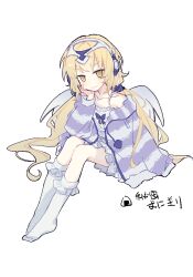  1girl angel_wings blonde_hair blush bow chemise closed_mouth commentary_request fate/grand_order fate_(series) feathered_wings fluffy_clothes food frilled_chemise full_body hair_ornament headphones highres himitsu_onigiri invisible_chair jacket jeanne_d'arc_(fate) long_hair long_sleeves looking_at_viewer low_twintails metatron_jeanne_(fate) metatron_jeanne_(second_ascension)_(fate) no_shoes pajamas pom_pom_(clothes) scrunchie sitting sleepwear sleeves_past_wrists smile socks solo striped_clothes twintails very_long_hair white_background white_socks white_wings wings yellow_eyes 