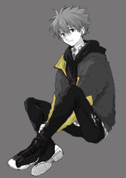  1boy black_hoodie black_pants black_shoes closed_mouth commentary_request drawstring dress_shirt earrings grey_background highres hood hood_down hoodie jacket jacket_over_hoodie jewelry knee_up male_focus nagisa_kaworu neon_genesis_evangelion pants red_eyes shirt shoes short_hair simple_background sitting solo star_(symbol) star_earrings takuanoisi zipper 