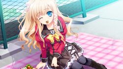  1girl akashi_kokoro arm_at_side arm_support bento black_sailor_collar black_skirt blonde_hair blue_eyes boots bow bowtie breasts buttons cross-laced_clothes day double-breasted dutch_angle food_in_mouth frilled_skirt frills game_asset grey_thighhighs hair_ribbon half_updo hand_on_own_thigh juliet_sleeves knees_together_feet_apart lace-up_boots long_hair long_sleeves looking_at_viewer minase_lin miniskirt non-web_source on_blanket one_eye_closed orange_memories outdoors picnic_blanket pink_ribbon pleated_skirt puffy_sleeves red_shirt ribbon ribbon_trim rooftop sailor_collar school_uniform self-datamine shirt single_sidelock sitting skirt sky sleeve_cuffs small_breasts solo table teardrop thigh-highs tree tress_ribbon wavy_hair wire_fence yellow_bow yellow_bowtie 