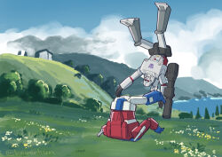  arm_mounted_weapon autobot char's_counterattack commentary_request decepticon grass gundam lake mecha megatron meme monbetsu_kuniharu mountainous_horizon no_humans open_mouth optimus_prime outdoors parody red_eyes robot science_fiction throwing transformers transformers:_generation_1 upside-down 