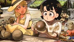  2girls absurdres bird black_hair blonde_hair blue_eyes bucket cat chicken commentary dirty dirty_clothes diva_(hyxpk) dorodango dress duck english_commentary grey_eyes hat highres long_hair mud multiple_girls original playground sand shirt short_hair stairs white_shirt yellow_dress 
