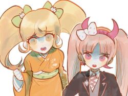  2girls bad_id bad_pixiv_id blonde_hair bow cat_hair_ornament danganronpa_(series) danganronpa_2:_goodbye_despair fake_horns g0m_0 green_bow green_sash hair_horns hair_ornament hairband horn_bow horn_hairband horn_ornament horns japanese_clothes kimono multiple_girls obi orange_eyes orange_kimono pink_eyes pink_hair pink_hairband pink_horns polka_dot polka_dot_bow saionji_hiyoko sash utsugi_kotoko white_background 