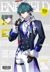  1boy absurdres arknights arknights:_endfield bishounen black_gloves blood blood_halo buttons camille_(arknights) chinese_commentary commentary_request cover cover_page cowboy_shot double-breasted fake_cover fake_magazine_cover gloves green_eyes green_hair half_gloves halo headset highres liquid_halo magazine_cover male_focus multicolored_hair neck_tattoo pants partially_fingerless_gloves pointy_ears red_streaks shirt short_hair sleeve_cuffs solo spiked_halo streaked_hair tailcoat tattoo thigh_strap tupikeee vampire white_pants white_shirt 