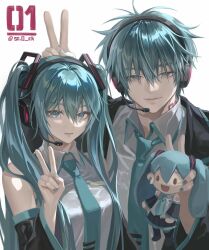  1boy 1girl absurdres aqua_eyes aqua_hair aqua_nails aqua_necktie bare_shoulders black_jacket blue_eyes blue_hair character_doll closed_mouth collared_shirt detached_sleeves doll dual_persona genderswap genderswap_(ftm) grey_shirt hair_between_eyes hair_ornament hatsune_miku hatsune_mikuo headset highres holding holding_doll instagram_username jacket long_hair looking_at_viewer neck_tattoo necktie shirt short_hair simple_background smile so.0.ck tattoo tie_clip twintails upper_body v very_long_hair vocaloid white_background 