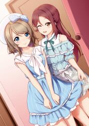  2girls alternate_costume amaki-chan_(volfuji) bare_shoulders belt beret black_shirt blouse blue_belt blue_eyes blush brown_hair clothes_grab cowboy_shot dress dutch_angle embarrassed frilled_shirt frills full-length_mirror grabbing_another's_skirt grey_skirt hair_ornament hairclip half_updo hand_on_another's_shoulder hat highres indoors lace-trimmed_sleeves lace_trim long_hair looking_ahead looking_at_mirror looking_at_viewer love_live! love_live!_sunshine!! mirror multiple_girls neckerchief off-shoulder_shirt off_shoulder official_alternate_costume one_eye_closed open_mouth parted_bangs pinstripe_dress pinstripe_pattern raised_inner_eyebrows red_hair sakurauchi_riko shirt short_dress short_hair short_sleeves skirt v_arms watanabe_you white_hat white_neckerchief white_shirt yellow_eyes 