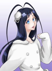  1boy :d antenna_hair black_hair bleach bleach:_sennen_kessen-hen blue_eyes blunt_bangs buttons commentary_request double-breasted dress furrowed_brow giselle_gewelle gradient_background hair_over_shoulder hand_up hat long_hair looking_at_viewer male_focus mini_hat open_mouth peaked_cap purple_background simple_background sleeves_past_wrists smile solo soraao0322 straight_hair tareme upper_body white_background white_dress white_hat wide-eyed 