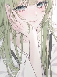  1other androgynous backlighting blue_eyes blunt_bangs closed_mouth collarbone commentary_request enkidu_(fate) eyelashes fate/grand_order fate_(series) fingernails green_hair hand_on_own_face hand_up highres hooded_robe long_hair long_sleeves looking_at_viewer other_focus robe sidelocks simple_background smile sn0_xx solo upper_body very_long_hair watermark white_background white_robe wide_sleeves 