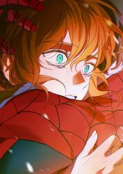  1boy 1girl absurdres blue_eyes bodysuit commentary english_commentary highres hug jean_grey long_hair marvel peter_parker red_hair short_hair spider-man spider-man:_brand_new_day spider-man_(series) spoilers superhero_costume tears w2rom x-men 
