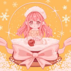  1girl :o ankle_ribbon apple bare_shoulders beret blush_stickers bow bright_pupils brown_eyes brown_pupils chibi chinese_commentary commentary_request cross cross_necklace eyelashes food fruit fur_hat hand_on_own_knee hand_on_own_leg hat highres in_snow_globe jewelry jingyanyan kneeling leg_ribbon long_hair long_sidelocks long_sleeves mary_janes miniskirt miracle_nikki necklace nikki_(nikki) nikki_(series) off-shoulder_sweater off_shoulder parted_lips pink_bow pink_hair pink_skirt pleated_skirt puffy_long_sleeves puffy_sleeves ribbon shoes sidelocks simple_background skirt snow snow_globe snowflakes snowing solo sparkle sweater tareme very_long_hair wavy_hair white_hat white_shoes winter_miracle_(miracle_nikki) yellow_background yellow_ribbon yellow_sweater 