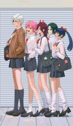  5girls black_hair black_sclera blazer brain chainsaw_man colored_sclera cosmo_(chainsaw_man) dangling_eye exposed_brain eyepatch futakuchi-onna highres horns jacket living_hair long_(chainsaw_man) long_hair long_sleeves multiple_girls mymzi neckerchief pingtsi_(chainsaw_man) pink_hair pleated_skirt ponytail prehensile_hair quanxi's_group_(chainsaw_man) quanxi_(chainsaw_man) red_horns ringed_eyes sailor_collar school_uniform serafuku skirt smile socks stitched_face stitched_mouth stitches summer_uniform symbol-shaped_pupils tsugihagi_(chainsaw_man) white_sailor_collar white_socks 
