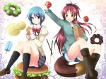  apple food fruit inui_nagi long_hair mahou_shoujo_madoka_magica miki_sayaka multiple_girls ponytail sakura_kyouko school_uniform short_hair 