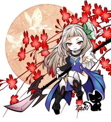  1girl armor black_boots black_cat blue_dress blunt_bangs boots bravely_default_(series) bravely_second:_end_layer bug butterfly cat commentary_request dress flower greaves hair_flower hair_ornament high-low_dress holding holding_polearm holding_weapon knee_boots light_blush long_hair long_sleeves looking_at_viewer magnolia magnolia_arch moon_background plunging_neckline polearm reaching reaching_towards_viewer red_eyes signature smile solo tabineko55 weapon white_background white_hair 