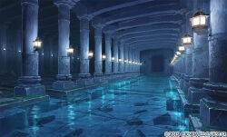  ayakashi_rumble! blue_theme colonnade column commentary_request copyright_notice indoors lantern no_humans official_art pillar pool ruins scenery shiki_makoto variant_set water 