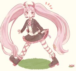  1girl :o bow candy child commentary_request danganronpa_(series) danganronpa_another_episode:_ultra_despair_girls fake_horns food full_body hair_horns hairband horn_bow horn_hairband horn_ornament horns long_hair looking_down mikuni_(open-ranka) pink_eyes pink_hair pink_hairband pink_horns pink_trim polka_dot polka_dot_bow solo twintails utsugi_kotoko walking 
