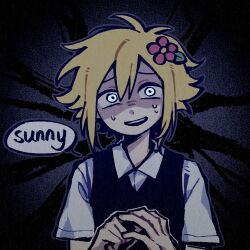  1boy alternate_color antenna_hair basil_(faraway)_(omori) basil_(omori) black_sweater_vest blonde_hair blue_eyes chinese_commentary collared_shirt commentary_request double-parted_bangs english_text flower hair_between_eyes hair_flower hair_ornament looking_at_viewer male_focus nervous_smile nervous_sweating omori open_mouth shirt short_hair short_sleeves sidelocks smile solo something_(omori) speech_bubble sweat sweater_vest teeth upper_body upper_teeth_only white_shirt y_h 