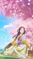  1girl absurdres blue_sky body_switch brown_hair cherry_blossoms cherry_tree chinese_clothes clouds commentary cup duijin_ruqun futsutsuka_na_akujo_de_wa_gozaimasu_ga hanfu highres kou_reirin looking_to_the_side official_art open_mouth orange_eyes orange_shawl personality_switch petals pink_petals see-through_clothes see-through_shawl shawl single_sleeve_past_fingers sitting sky solo teacup teapot untranslatable_commentary yellow_shawl yokozuwari 