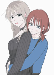  2girls black_choker black_hair black_sweater blue_eyes blue_shirt brown_hair choker commentary girls_band_cry grcr_pometa1118 grey_eyes grey_hair highres hug hug_from_behind iseri_nina kawaragi_momoka long_hair low_twintails multicolored_hair multiple_girls roots_(hair) shirt short_hair short_twintails simple_background sweater twintails white_background yuri 