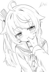  1boy 1girl 1other absurdres ahoge artist_name blue_archive blush bright_pupils buttons cardigan closed_mouth collarbone dated dot_nose dutch_angle facing_viewer female_pov finger_in_another's_mouth finger_sucking finger_to_mouth greyscale hair_between_eyes hair_flaps hair_ornament hair_ribbon half-closed_eyes hand_on_another's_chin hand_on_another's_face head_tilt highres light_blush limpiderm lineart long_hair long_sleeves looking_at_viewer monochrome natsu_(blue_archive) neck_ribbon neckerchief out_of_frame pov pov_hands raised_eyebrows ribbon sailor_collar school_uniform serafuku shirt side_ponytail sidelocks signature simple_background sketch solo_focus sweat sweatdrop swept_bangs upper_body v_arms white_background white_pupils 