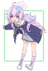  +_+ 1girl :d ahoge backpack bag beads black_jacket black_neckerchief blue_archive blush_stickers buttons charm_(object) commentary double-breasted double-parted_bangs doyagao fingernails full_body grey_serafuku grey_shirt grey_skirt hair_beads hair_between_eyes hair_ornament halo high_tops highres inset_border jacket leaning_forward long_hair long_sleeves looking_at_viewer loveitrabbit623 low_twintails midriff multicolored_hair neckerchief open_clothes open_jacket open_mouth outline outside_border pink_bag pink_hair pink_halo pink_shoes pink_socks pocket purple_hair reisa_(blue_archive) sailor_collar school_uniform serafuku shirt shoes skirt smile smug sneakers socks solo standing star_(symbol) star_hair_ornament star_halo striped_clothes striped_socks twintails two-tone_hair v-shaped_eyebrows violet_eyes white_background white_outline white_sailor_collar 