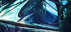  1girl 3d 3d_background abstract_background absurdres aqua_hair artist_name black_cloak black_sleeves blue_hair cloak clouds commentary_request dutch_angle earth_(planet) english_text facing_away floating_hair full_body hatsune_miku highres lifeline_(a384079959) long_hair planet reflection scenery solo space standing star_(sky) twintails very_long_hair vocaloid wide_shot 