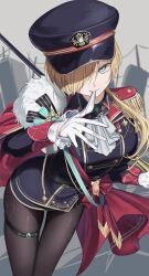  1girl absurdres ascot black_hat black_jacket black_ribbon blonde_hair breasts brown_pantyhose commentary_request epaulettes eyelashes fang gem glove_pull gloves green_eyes green_gem green_ribbon hair_over_one_eye hat highres jacket kairi_(miry666) kurumi_noah kurumi_noah_(9th_costume) large_breasts long_hair long_sleeves looking_at_viewer mouth_hold one_eye_covered pantyhose ribbon smile solo teeth thigh_strap thighs upper_teeth_only virtual_youtuber vspo! white_ascot white_gloves 