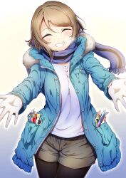  1girl alternate_costume amaki-chan_(volfuji) black_pantyhose blue_background blue_coat blue_scarf blush breast_pocket brown_hair closed_eyes closed_mouth coat cowboy_shot fur-trimmed_coat fur_trim gloves gradient_background grey_shorts grin highres hood hooded_coat hugging_viewer love_live! love_live!_sunshine!! outline pantyhose parted_bangs pocket reaching reaching_towards_viewer scarf shirt short_hair shorts smile solo swept_bangs watanabe_you white_gloves white_outline white_shirt 
