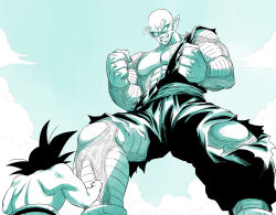  alien amayuki318 antennae bald belt black_belt black_hair black_nails blue_sky broad_shoulders clenched_hand clenched_teeth clouds cloudy_sky collarbone dougi dragon_ball dragon_ball_(classic) duel fighting_stance from_behind from_below giant highres looking_down martial_arts_belt muscular muscular_male namekian pectorals piccolo pointy_ears short_sleeves sky son_goku teeth thick_neck topless_male torn_clothes 