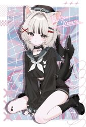  1girl absurdres ahoge animal_ears bandaid bandaid_on_knee bandaid_on_leg belt black_hair black_shirt black_shorts black_socks blunt_bangs cat_ears collar fins fish_skeleton_hair_ornament fish_tail gmgmchqn grey_eyes hair_ornament hairclip hat highres indie_virtual_youtuber long_sleeves looking_at_viewer midriff multicolored_hair sailor_collar second-party_source shark_tail shirt shoes shorts sitting socks streaked_hair tail two_side_up virtual_youtuber wariza white_background yona_(vtuber) 