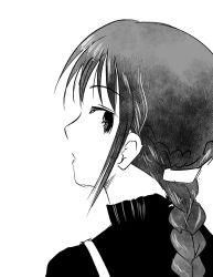  1girl aged_up braid commentary_request greyscale highres long_hair looking_at_viewer looking_back monochrome motomiki official_alternate_hairstyle parted_lips portrait sidelocks simple_background single_braid sketch solo sweater tamura_yuri turtleneck turtleneck_sweater watashi_ga_motenai_no_wa_dou_kangaetemo_omaera_ga_warui! white_background 