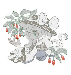  1girl bow caterpillar collared_shirt cropped_shoulders disembodied_linked_eye green_eyes hand_up hat hat_bow kakueki-teisha komeiji_koishi long_hair looking_at_object open_mouth picking_fruit plant shirt simple_background smile solo touhou white_background 