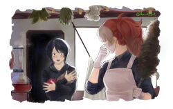  1boy 1girl :d apron artist_name backlighting bags_under_eyes black_hoodie black_shirt blush breasts buroko404 cleaning collared_shirt colored_bangs commentary degrees_of_lewdity dot_nose drawstring duster flask garlic gloves grey_eyes hand_on_mask high_ponytail highres holding holding_duster hood hood_down hoodie indoors kylar_(degrees_of_lewdity) kylar_(male)_(degrees_of_lewdity) long_hair long_sleeves looking_at_another lower_teeth_only mask medium_breasts mouth_mask nervous_sweating original player_character_(degrees_of_lewdity) player_character_(female)_(degrees_of_lewdity) ponytail raised_eyebrows red_hair retort_stand round-bottom_flask shirt short_hair sleeves_rolled_up smile surgical_mask sweat teeth towel upper_body white_apron white_gloves window work_gloves 