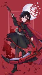  1girl ammunition_belt belt black_boots black_dress black_hair blush boots broken_moon cape closed_mouth commentary crescent_rose dress english_commentary eyelashes flower full_body gradient_pantyhose grey_belt grey_eyes highres holding holding_scythe holding_weapon hood hood_down hooded_cape long_sleeves lunelita moon multicolored_hair multicolored_pantyhose pantyhose petals red_background red_cape red_flower red_hair red_petals red_rose rose ruby_rose rwby scythe short_hair smile solo standing standing_on_one_leg two-tone_hair weapon 