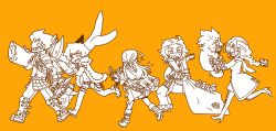  2girls 3boys animal armor axe bag bard_(sekaiju) bard_3_(sekaiju) belt braid clenched_teeth closed_eyes coat commentary_request dark_hunter_(sekaiju) dark_hunter_3 forest_wolf_(sekaiju) from_behind full-leg_boots fur-trimmed_jacket fur_trim gauntlets greaves grin holding holding_animal holding_bag jacket long_hair medic_(sekaiju) medic_4_(sekaiju) motimamire multiple_boys multiple_girls navel open_clothes open_jacket open_mouth profile running sekaiju_no_meikyuu sekaiju_no_meikyuu_2 single_braid smile sweat swordsman_(sekaiju) swordsman_1_(sekaiju) teeth tongue tongue_out upper_teeth_only wolf yellow_background 