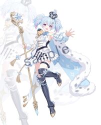  1girl absurdres aiguillette ascot black_boots blue_cape blue_hair blush boots braid breasts cape crown detached_sleeves fang full_body fur-trimmed_cape fur_trim hair_ornament highres holding holding_staff leg_up long_sleeves looking_at_viewer multicolored_hair open_mouth original outstretched_arm pink_hair puffy_long_sleeves puffy_sleeves recri_(mihuashi) sample_watermark shirt short_hair single_bare_shoulder single_detached_sleeve single_sleeve skirt small_breasts smile solo staff streaked_hair stuffed_animal stuffed_boar stuffed_toy tassel teeth thigh_boots thigh_strap twintails two-tone_hair upper_teeth_only vertical-striped_sleeves violet_eyes watermark white_ascot white_background white_shirt white_skirt zoom_layer 