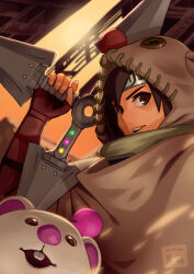  1girl brown_eyes brown_gloves brown_hair buck_teeth buttons commentary elbow_gloves english_commentary final_fantasy final_fantasy_vii final_fantasy_vii_remake fingerless_gloves fingernails gloves highres holding holding_weapon hood hood_up moogle official_alternate_costume open_mouth smile takopron teeth upper_teeth_only weapon yuffie_kisaragi yuffie_kisaragi_(moogle_hat_&amp;_cape) 