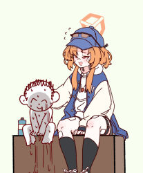  1boy 1girl :d after_exercise bandage_on_face bandage_on_leg bandage_on_nose bandages baseball_cap black_shorts black_socks blue_archive blue_hat blue_jacket blush bottle commentary_request doodle_sensei_(blue_archive) drawstring dro_(eveveb_414) eyewear_on_headwear feet_out_of_frame flying_sweatdrops green_background halo hat highres hood hood_down hoodie jacket kneehighs long_sidelocks long_sleeves looking_at_another medium_hair mini_person miniboy multicolored_jacket open_mouth parted_bangs patting red_eyes red_halo rei_(blue_archive) sensei_(blue_archive) short_shorts shorts sidelocks simple_background smile socks sweat thigh_strap two-tone_jacket water_bottle white_hoodie white_jacket 