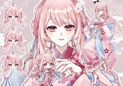  1girl ahoge boots braid chibi chibi_inset commentary flower hair_flower hair_ornament japanese_clothes juban kayoi kimono long_hair multiple_expressions obi obijime original pink_eyes pink_hair pink_kimono print_kimono sash side_braid 