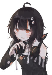  1girl ahoge animal_ear_headphones animal_ears bare_shoulders belt_collar black_choker black_hair black_nails black_sweater cat_ear_headphones cat_ears choker collar commentary_request eyeball_hair_ornament fake_animal_ears headphones headphones_around_neck highres kasai_(ksichan_25) long_sleeves looking_at_viewer mahou_shoujo_no_majo_saiban multicolored_hair nail_polish off-shoulder_sweater off_shoulder open_mouth orange_eyes orange_nails orange_streaks sawatari_coco shirt short_hair simple_background single_bare_shoulder solo streaked_hair sweater upper_body white_background white_shirt 