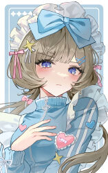 1girl absurdres alternate_costume blue_bow blue_eyes blush bow brown_hair closed_mouth commentary_request floating_hair genshin_impact hair_bow hair_ornament hair_ribbon hairclip hand_on_own_chest heart highres jersey_maid long_hair long_sleeves looking_at_viewer maid maid_headdress pink_bow pink_ribbon ribbon sandrone_(genshin_impact) simple_background solo star_(symbol) star_hair_ornament tikakaa unconventional_maid white_ribbon 