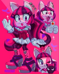  1girl absurdres apple_juice bat_(animal) bat_girl bat_ornament blunt_bangs boots colored_skin draculaura drink_carton fangs furrification furry furry_female heart_on_cheek highres holding holding_drink_carton holding_juice_box juice juice_box low_twintails miuchat_cat monster_high multiple_views perky_goth pink_background pink_boots pink_skin pink_vest safety_pin safety_pin_earring skirt sonic_(series) sparkle square_eyes striped_hair twintails vampire vest white_skirt 