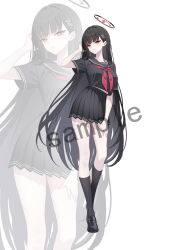  1girl absurdres alternate_costume black_hair black_sailor_collar black_serafuku black_shirt black_shoes black_skirt black_socks blue_archive breasts collarbone full_body hair_behind_ear hair_ornament halo hand_on_own_thigh highres kneehighs large_breasts loafers long_hair looking_at_viewer midriff_peek millennium_science_school_logo miniskirt neckerchief parted_lips pleated_skirt recri_(mihuashi) red_eyes red_neckerchief rio_(blue_archive) sailor_collar sample_watermark school_uniform serafuku shirt shoes short_sleeves skirt socks solo very_long_hair watermark white_background zoom_layer 