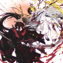  2boys black_coat black_eyes black_hair black_robe blood blood_on_clothes branch coat coat_on_shoulders commentary_request duel durumagi e.g.o_(project_moon) flower guan_dao hanbok high_ponytail highres holding holding_branch holding_polearm holding_weapon hong_lu_(project_moon) hongyuan_(identity)_(project_moon) korean_clothes limbus_company long_hair long_sleeves male_focus meijiichigo midair multiple_boys pants plant_wings polearm ponytail project_moon robe rope_belt spicebush_(e.g.o) stole technology_liberation_alliance_(identity)_(project_moon) very_long_hair weapon white_background white_pants wide_sleeves wings xiao_guan_(headdress) yellow_eyes yellow_leaves yi_sang_(project_moon) 