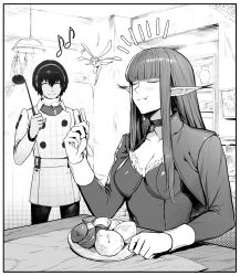  1boy 2girls absurdres blunt_bangs choker closed_eyes closed_mouth commentary_request eating fairy fairy_wings food gallica_(metaphor:_refantazio) greyscale hair_between_eyes hairband highres holding holding_spoon hulkenberg_(metaphor:_refantazio) indoors jacket long_hair long_sleeves metaphor:_refantazio mini_person minigirl monochrome multiple_girls musical_note peperon_(peperou) pointy_ears protagonist_(metaphor:_refantazio) short_hair size_difference smile spoon table wings 