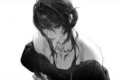  1girl ahoge blood blood_from_eyes chinese_commentary closed_mouth collarbone commentary_request eyelashes greyscale hair_between_eyes hair_intakes highres jiao_chang long_hair long_sleeves mole mole_under_eye monochrome neck_tattoo off_shoulder original red_eyes sidelocks simple_background solo spot_color tattoo tears 